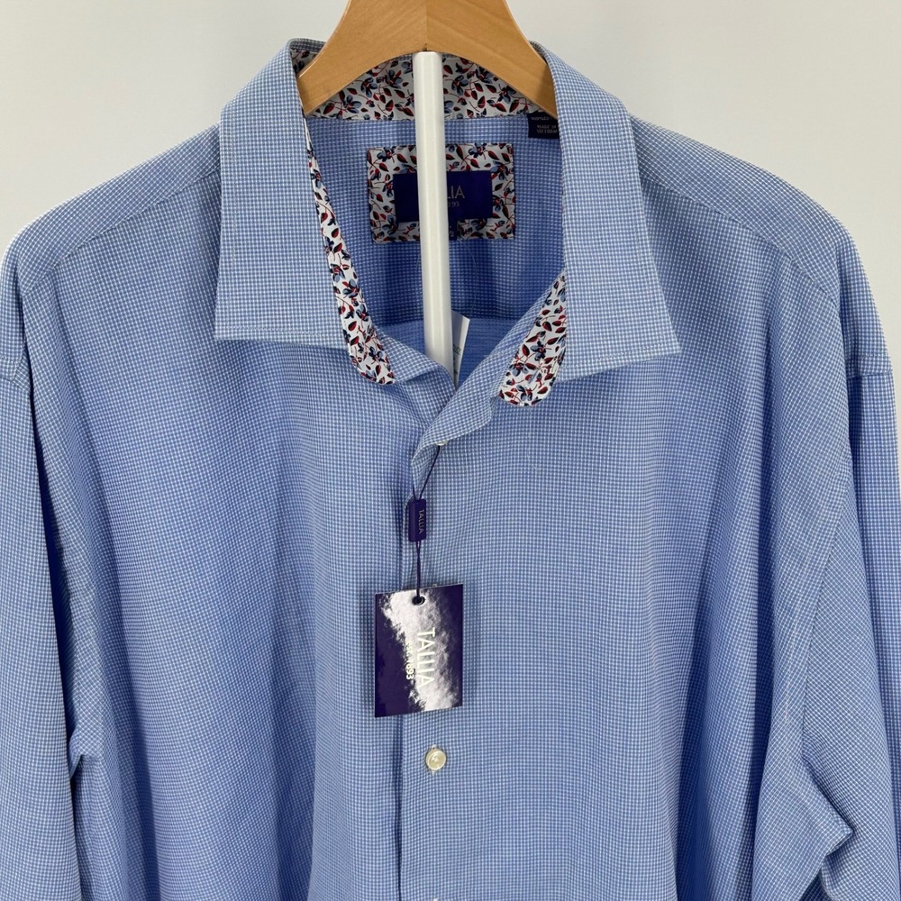 Talia Orange Mens Blue Micro Check Dress Shirt XXL 18.5 Floral Trim NWT T6000PSM